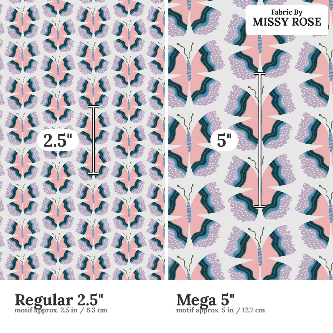 Kristina Forrest 80 Regular 2.5 inch vs Mega 5 inch print scale side by side | Fabric by Missy Rose