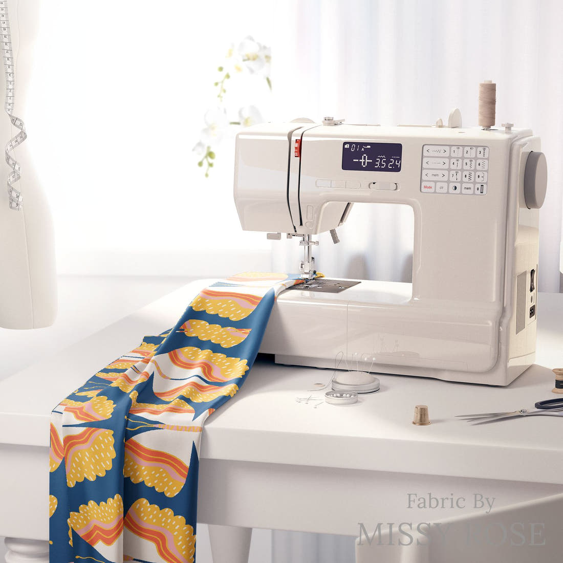 Kristina Forrest 81 on a sewing machine - premium fabric for sewing projects | Fabric by Missy Rose