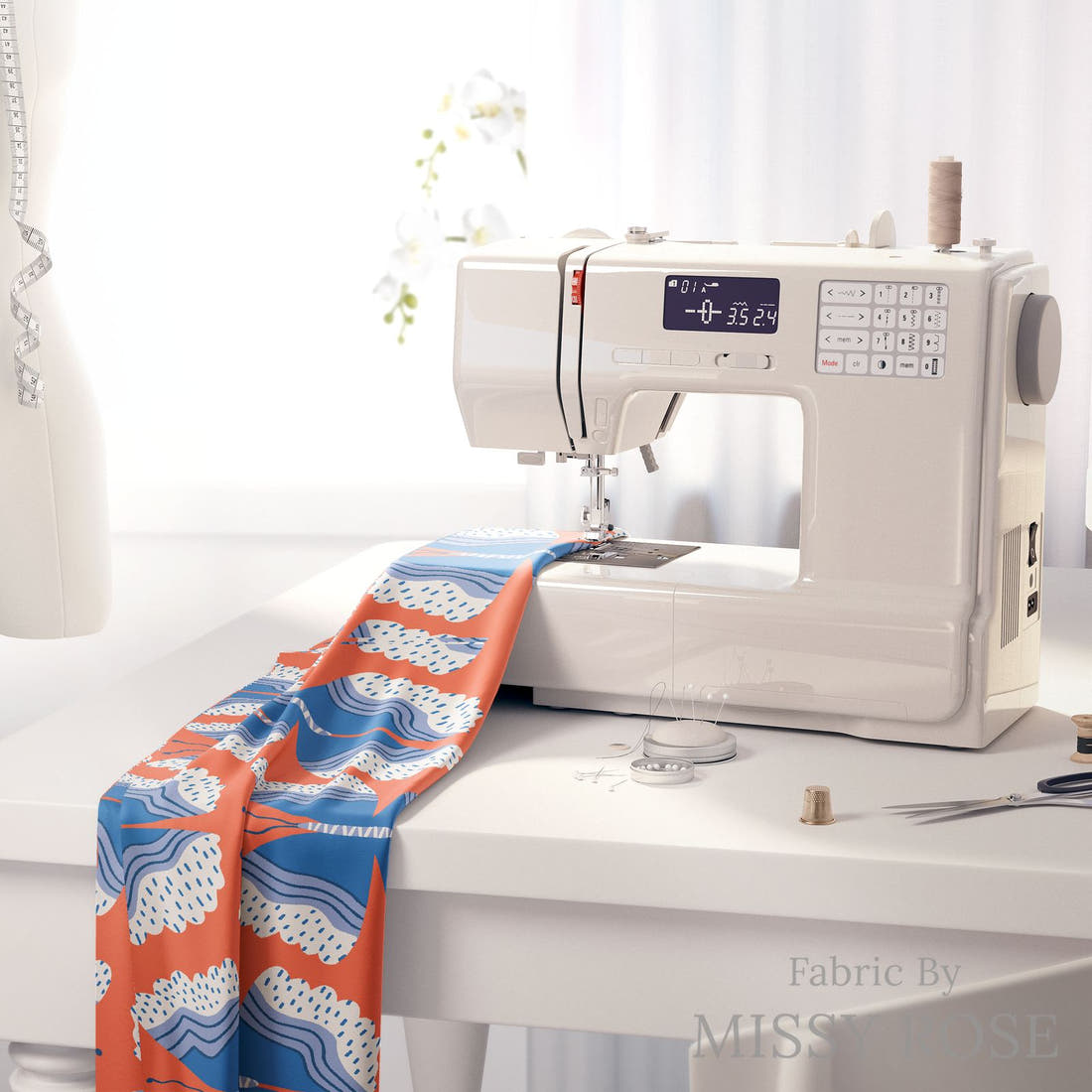 Kristina Forrest 82 on a sewing machine - premium fabric for sewing projects | Fabric by Missy Rose