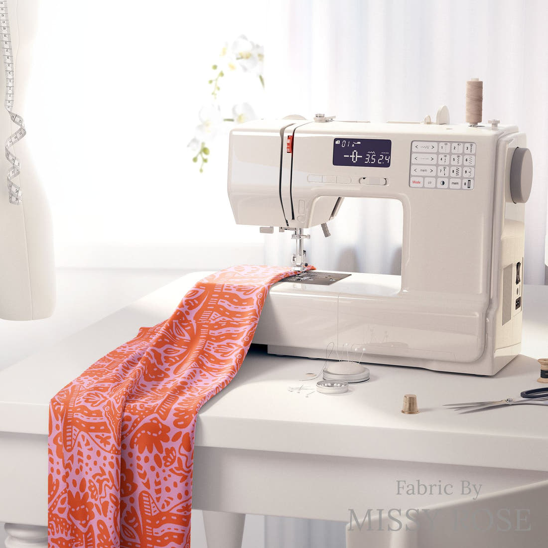 Kristina Forrest 83 on a sewing machine - premium fabric for sewing projects | Fabric by Missy Rose