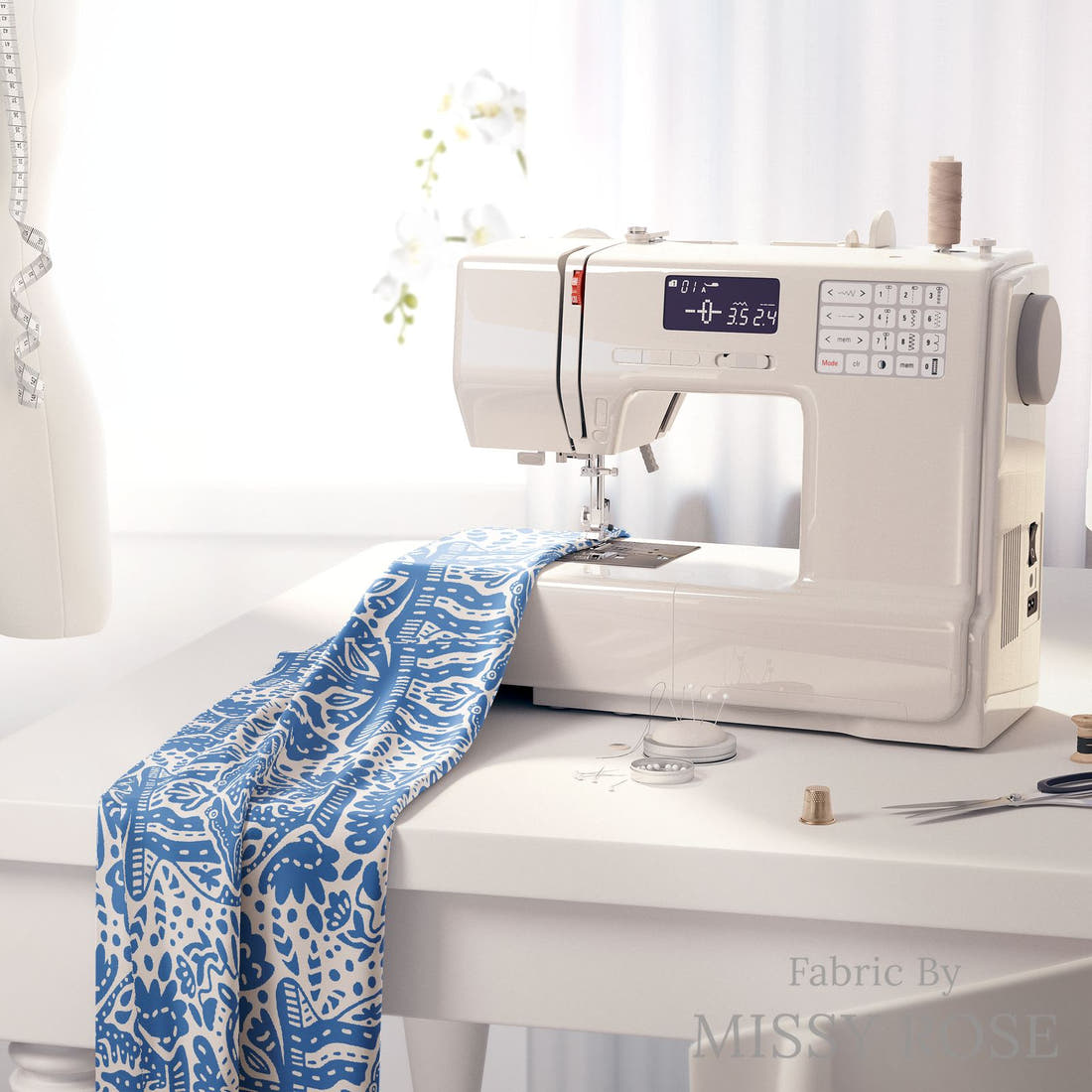 Kristina Forrest 84 on a sewing machine - premium fabric for sewing projects | Fabric by Missy Rose