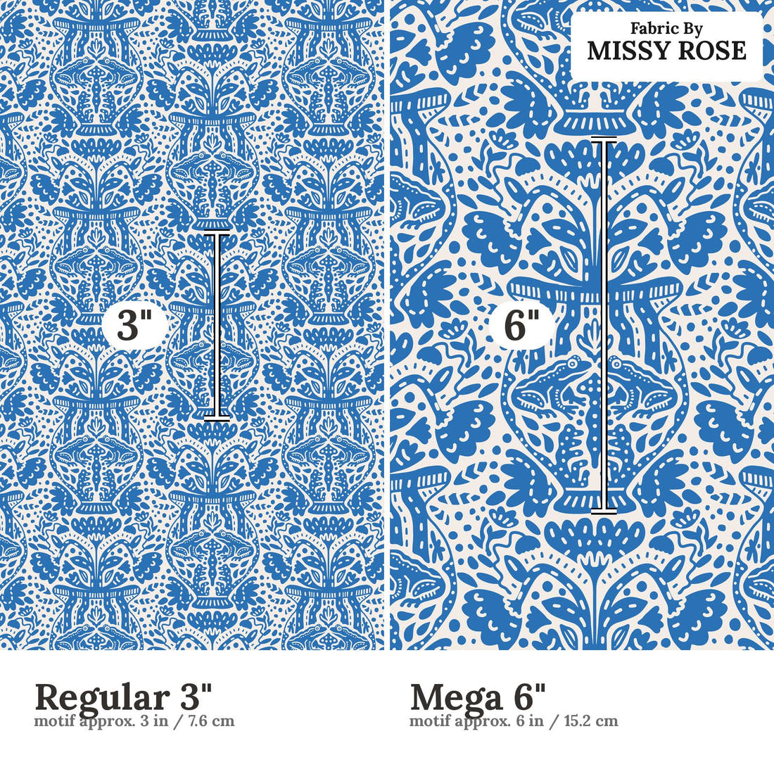 Kristina Forrest 84 Regular 3 inch vs Mega 6 inch print scale side by side | Fabric by Missy Rose