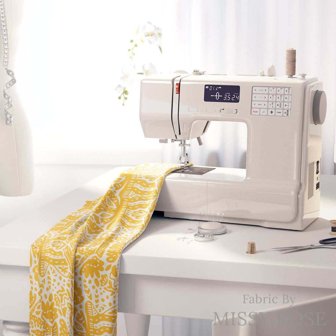 Kristina Forrest 85 on a sewing machine - premium fabric for sewing projects | Fabric by Missy Rose