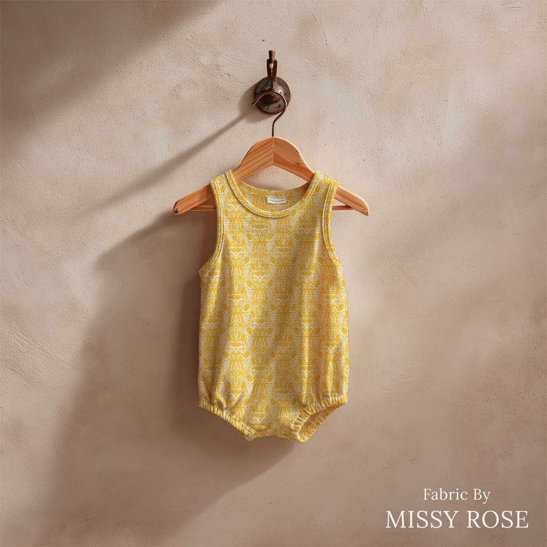 Kristina Forrest 85 sewn into a baby romper - see how the print looks made up | Fabric by Missy Rose