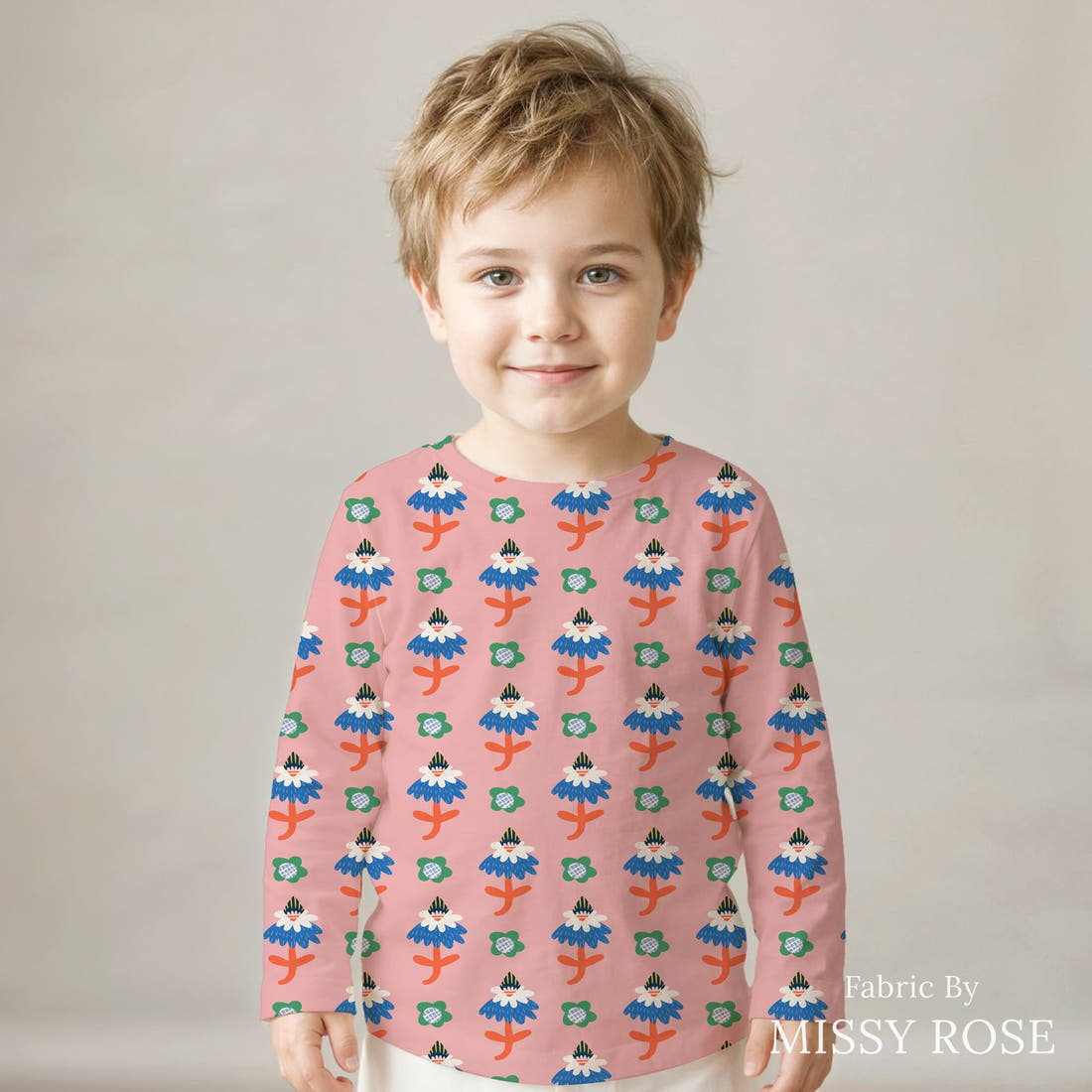 Kristina Forrest 86 sewn into a kids' all-over tee - see how the print looks made up | Fabric by Missy Rose