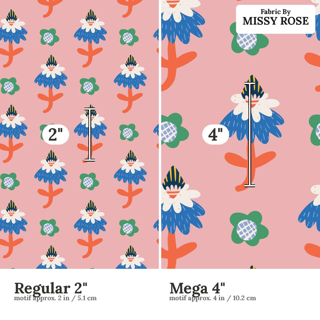 Kristina Forrest 86 Regular 2 inch vs Mega 4 inch print scale side by side | Fabric by Missy Rose