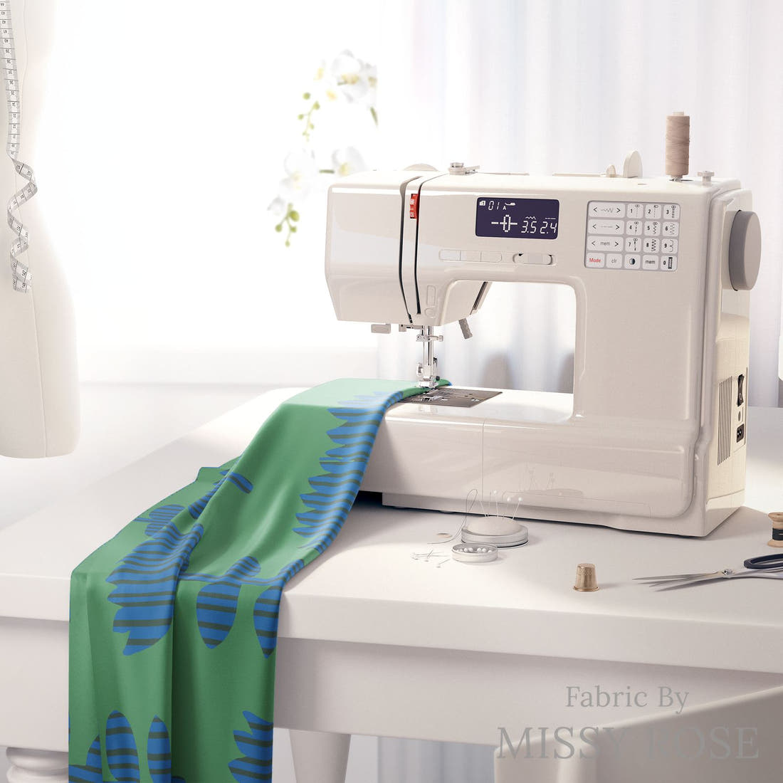 Kristina Forrest 87 on a sewing machine - premium fabric for sewing projects | Fabric by Missy Rose