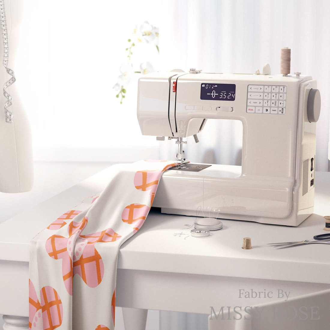 Kristina Forrest 88 on a sewing machine - premium fabric for sewing projects | Fabric by Missy Rose