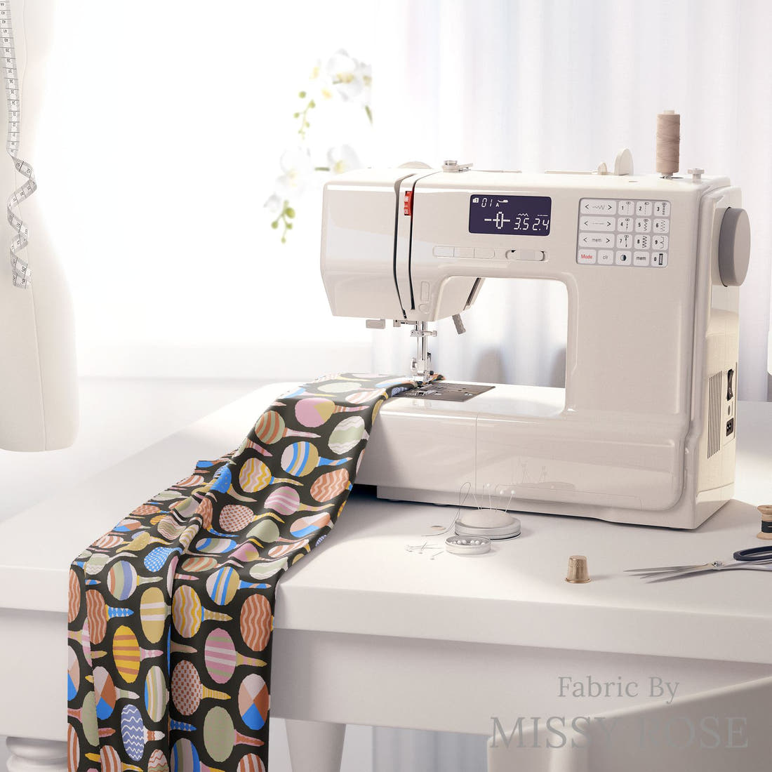 Kristina Forrest 89 on a sewing machine - premium fabric for sewing projects | Fabric by Missy Rose