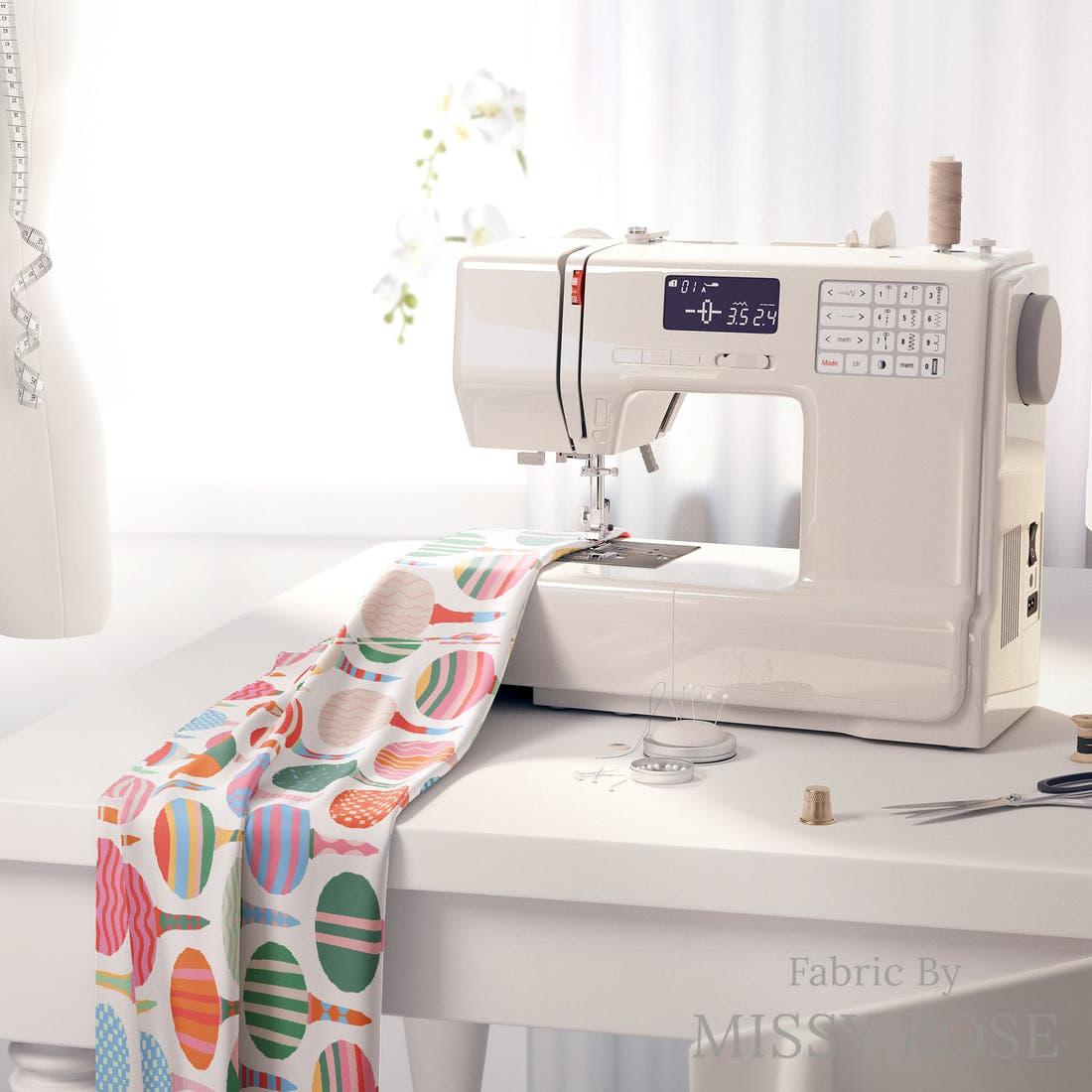 Kristina Forrest 91 on a sewing machine - premium fabric for sewing projects | Fabric by Missy Rose