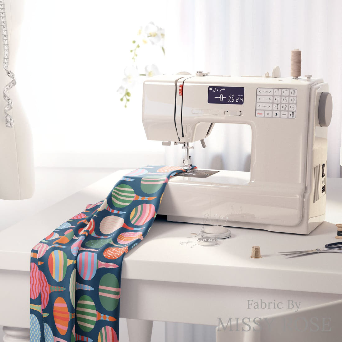 Kristina Forrest 92 on a sewing machine - premium fabric for sewing projects | Fabric by Missy Rose