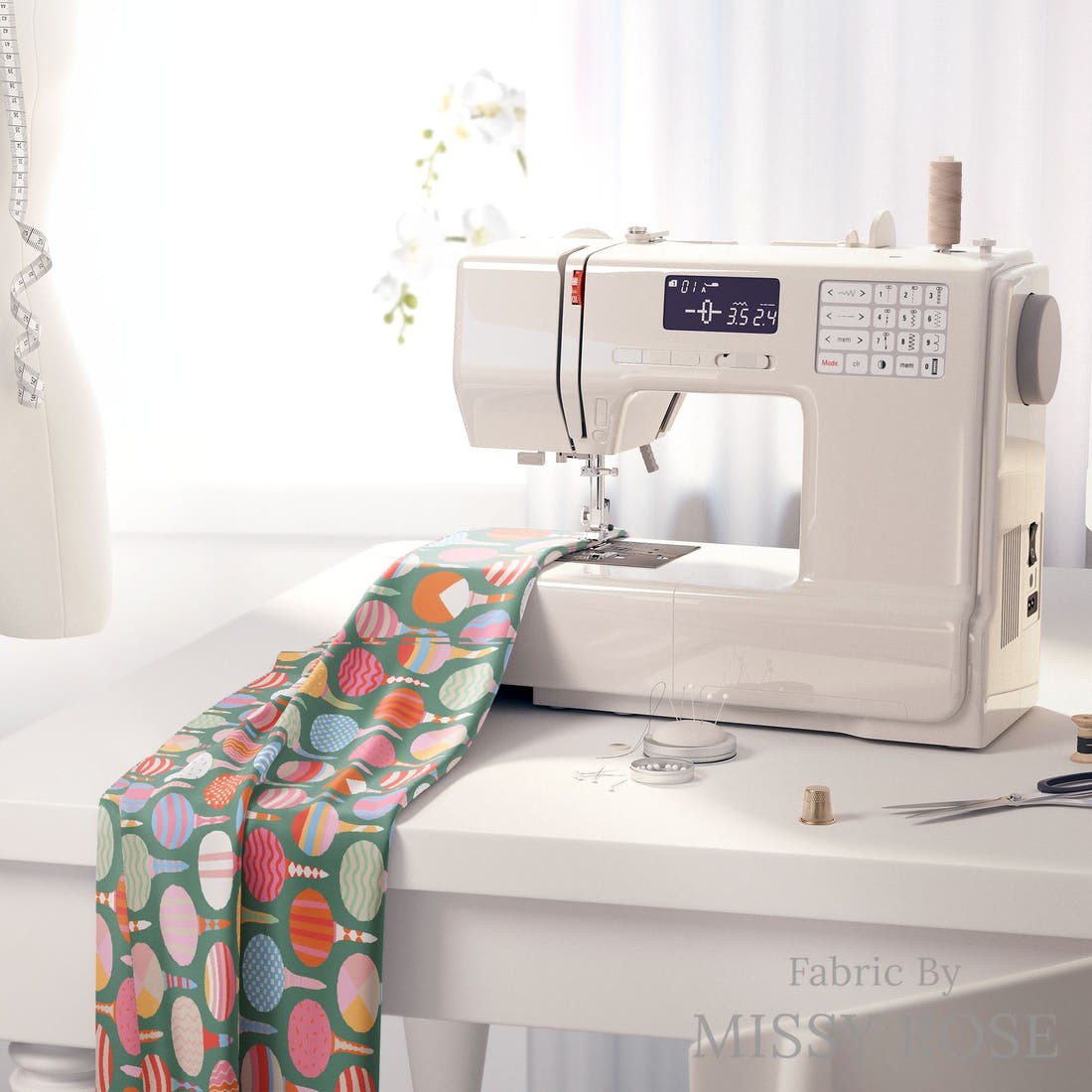 Kristina Forrest 93 on a sewing machine - premium fabric for sewing projects | Fabric by Missy Rose