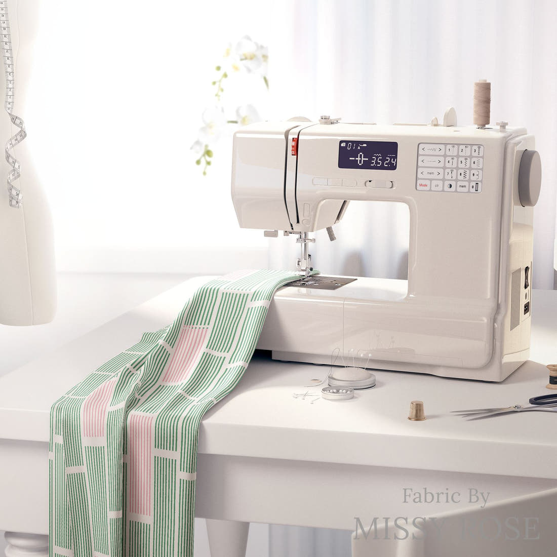 Kristina Forrest 94 on a sewing machine - premium fabric for sewing projects | Fabric by Missy Rose