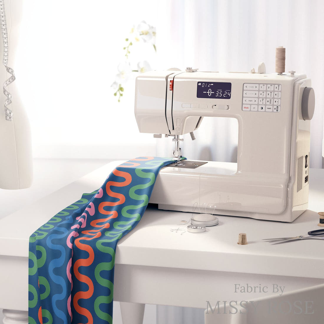 Kristina Forrest 95 on a sewing machine - premium fabric for sewing projects | Fabric by Missy Rose