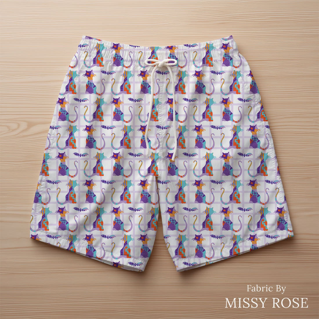 Kristina Forrest 96 sewn into swim shorts - see how the print looks made up | Fabric by Missy Rose