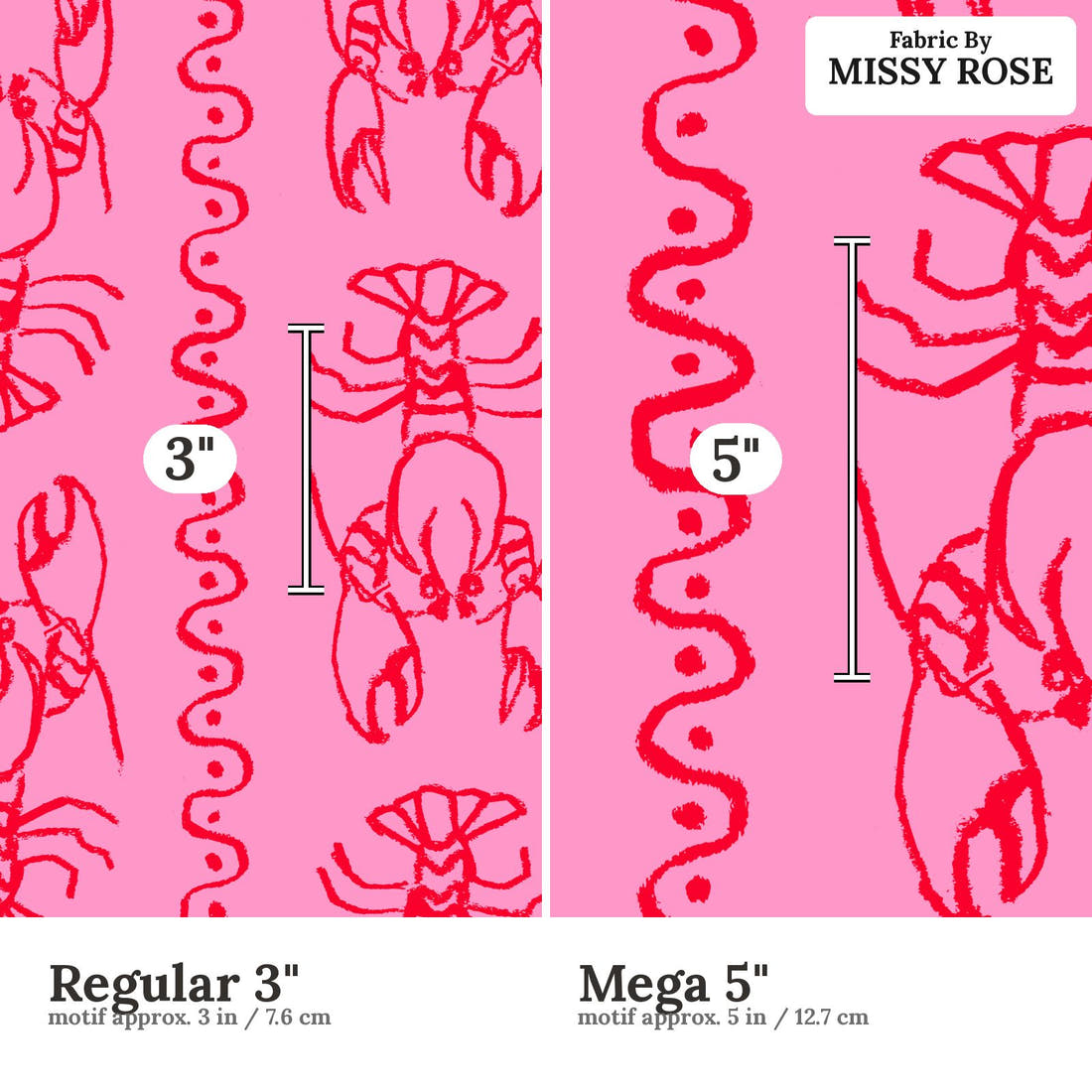 Laura Hamzic 01 Regular 3 inch vs Mega 5 inch print scale side by side | Fabric by Missy Rose