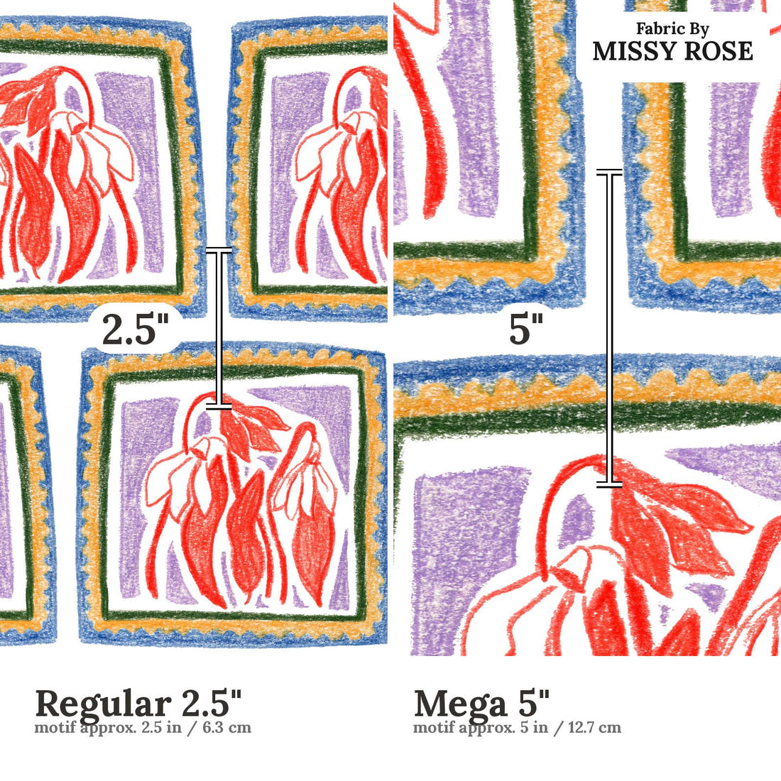 Laura Hamzic 05 Regular 2.5 inch vs Mega 5 inch print scale side by side | Fabric by Missy Rose