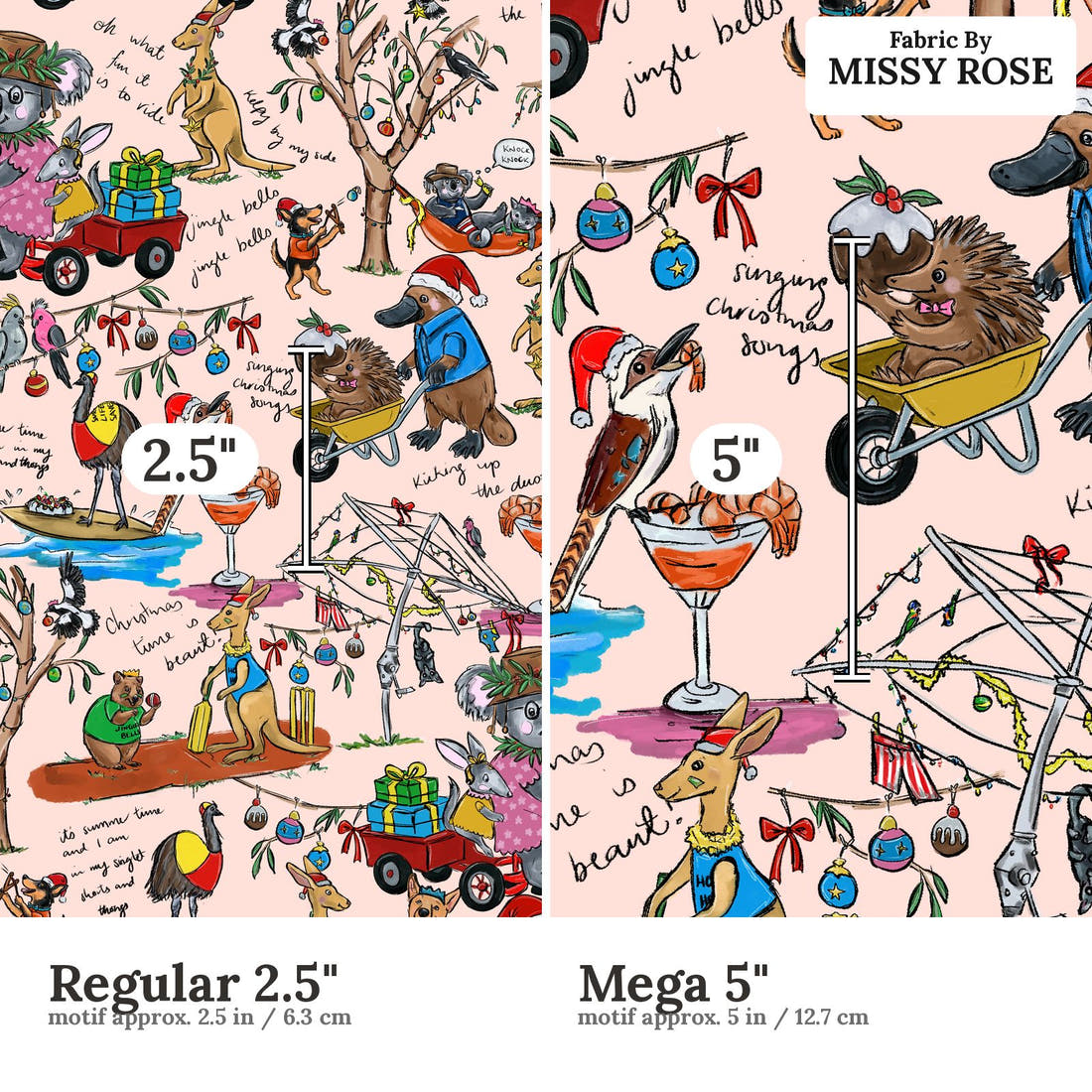Laura Hamzic 100 Regular 2.5 inch vs Mega 5 inch print scale side by side | Fabric by Missy Rose
