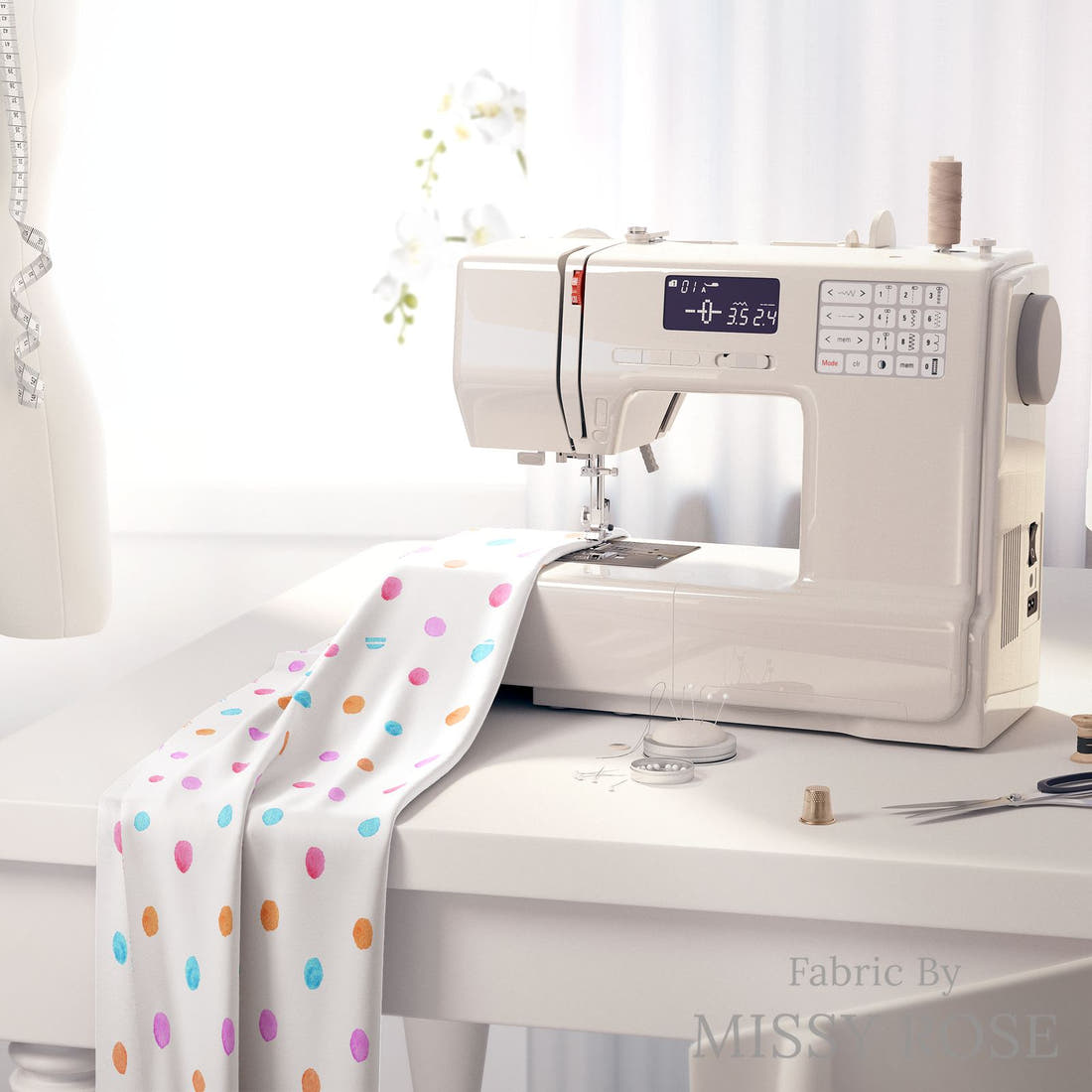 Laura Hamzic 11 on a sewing machine - premium fabric for sewing projects | Fabric by Missy Rose