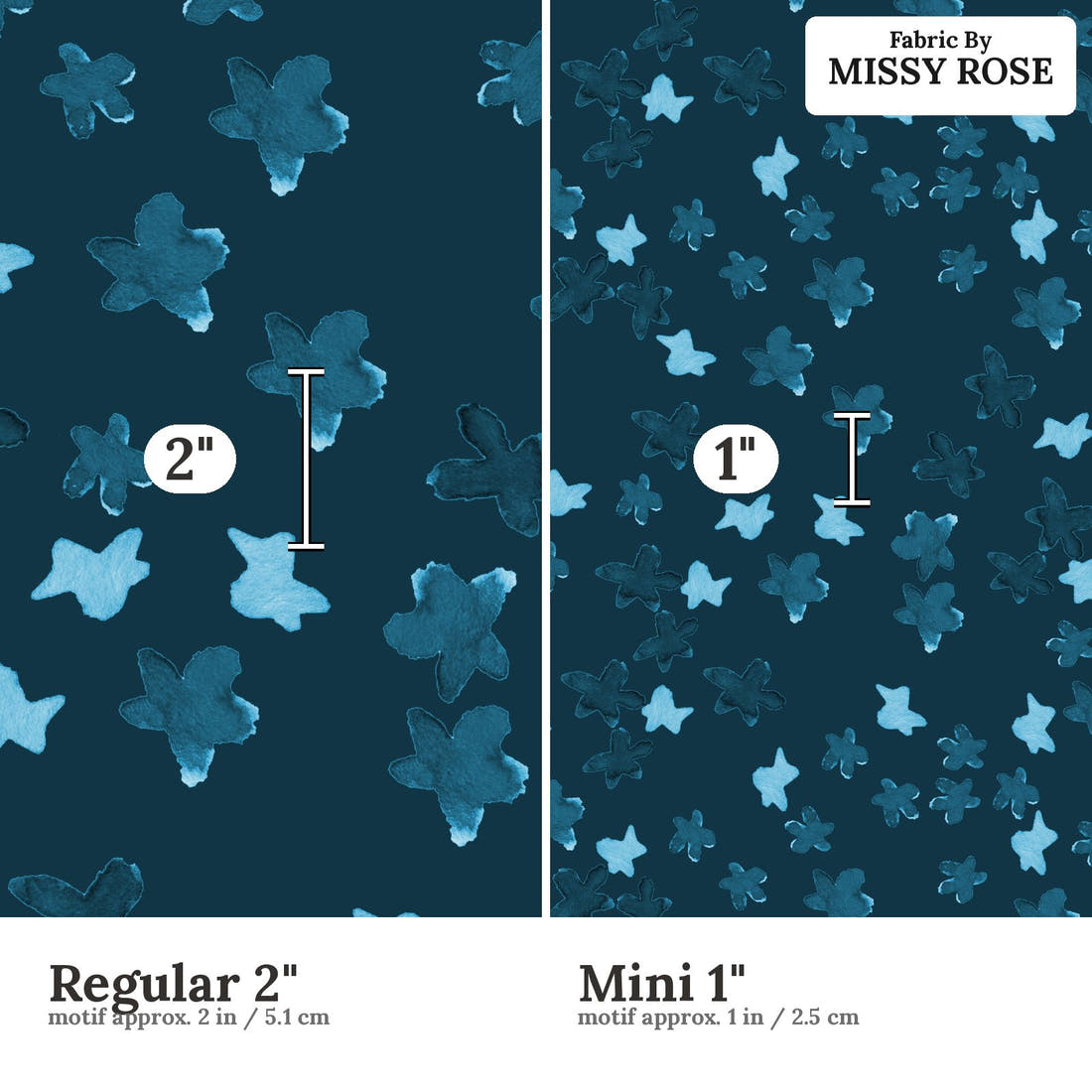 Laura Hamzic 12 Regular 2 inch vs Mini 1 inch print scale side by side | Fabric by Missy Rose