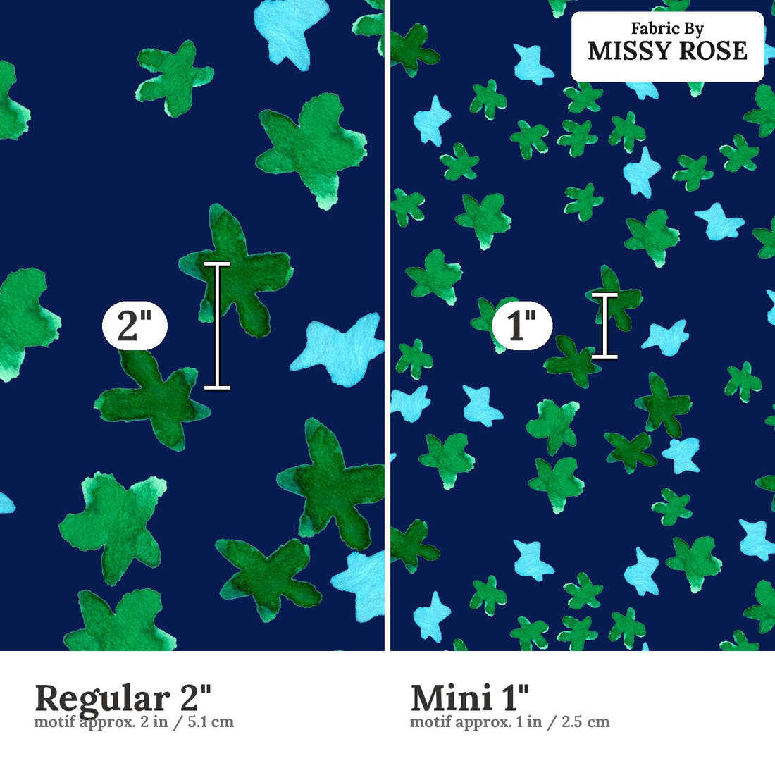 Laura Hamzic 13 Regular 2 inch vs Mini 1 inch print scale side by side | Fabric by Missy Rose