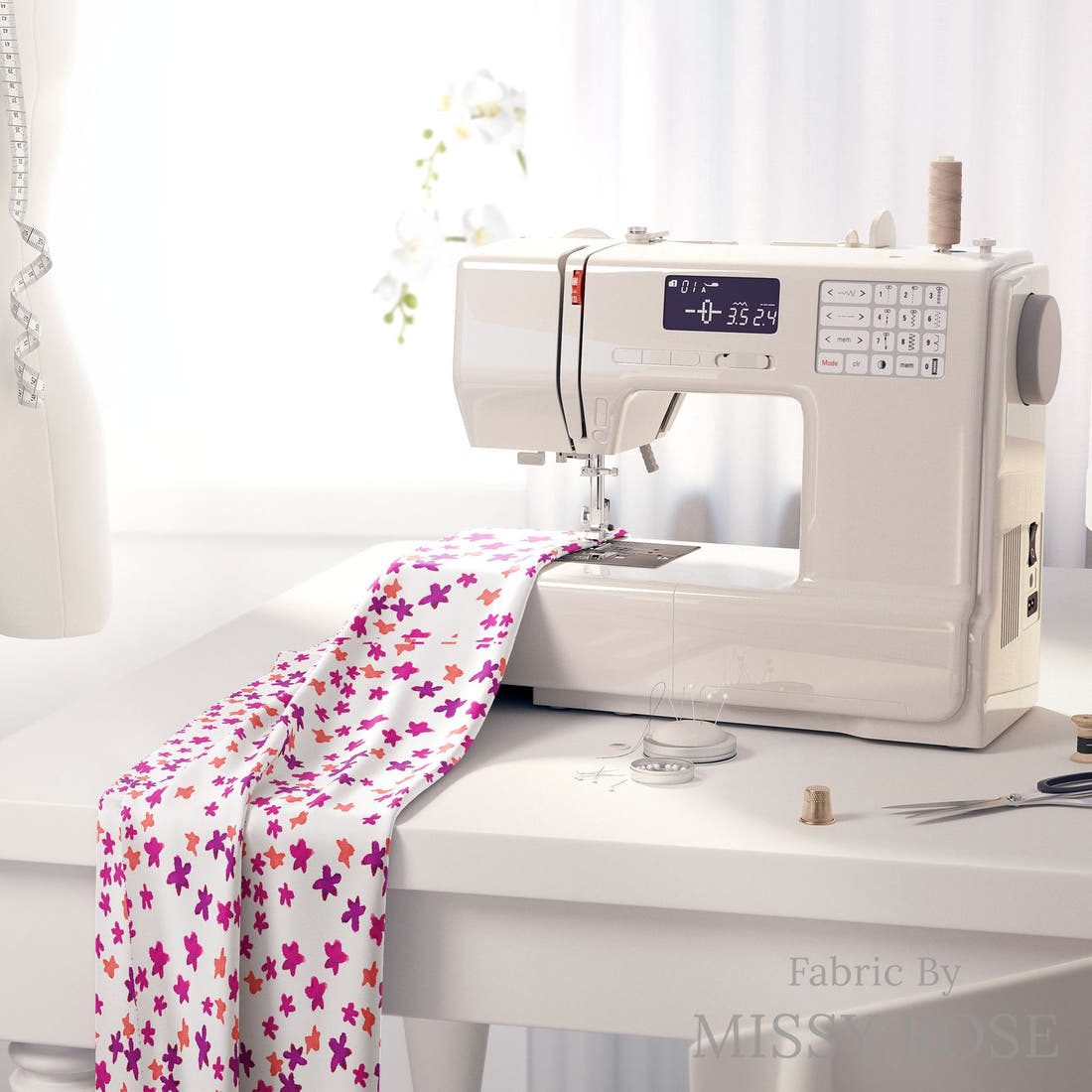 Laura Hamzic 14 on a sewing machine - premium fabric for sewing projects | Fabric by Missy Rose