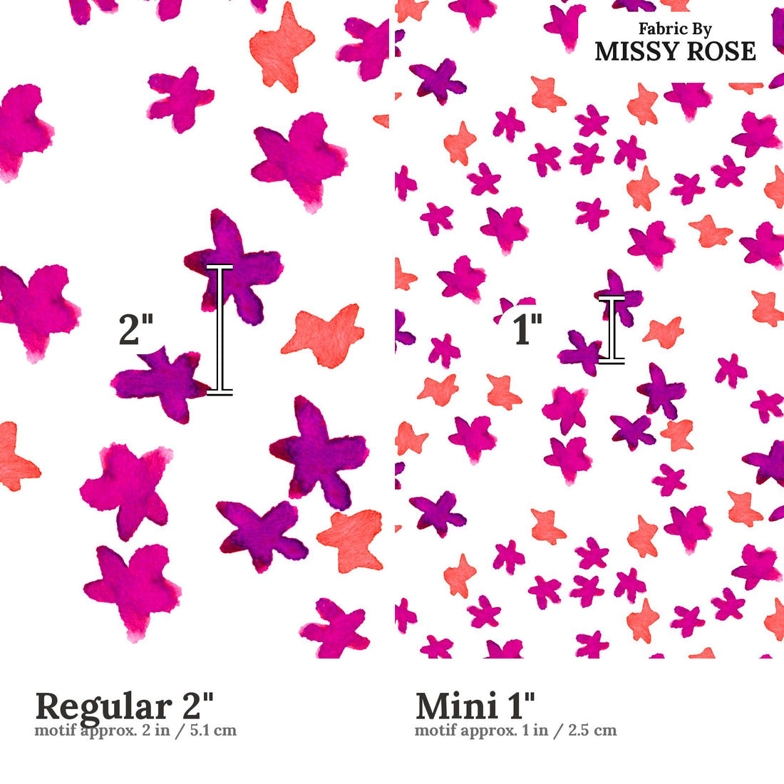 Laura Hamzic 14 Regular 2 inch vs Mini 1 inch print scale side by side | Fabric by Missy Rose