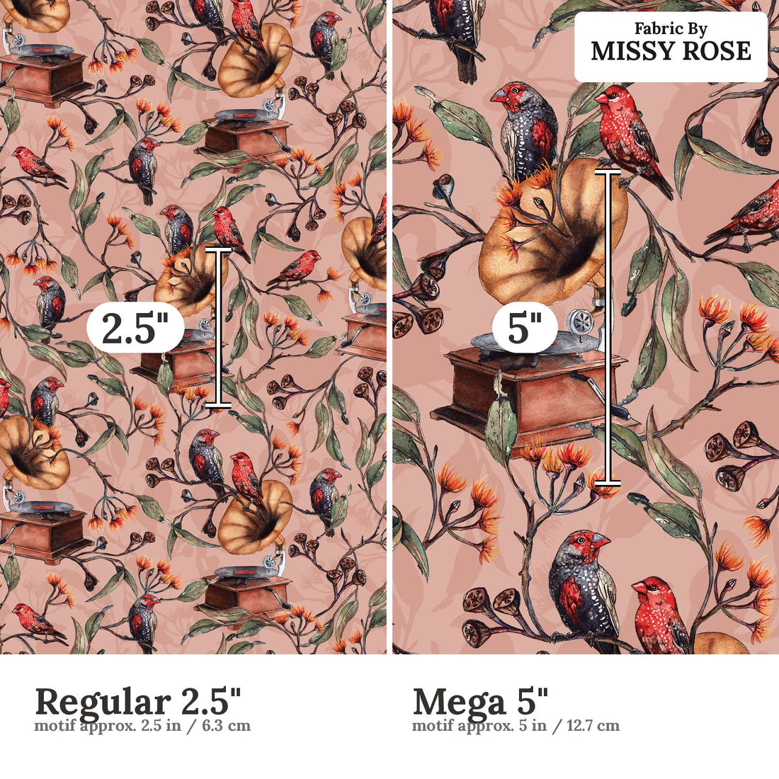 Laura Hamzic 17 Regular 2.5 inch vs Mega 5 inch print scale side by side | Fabric by Missy Rose