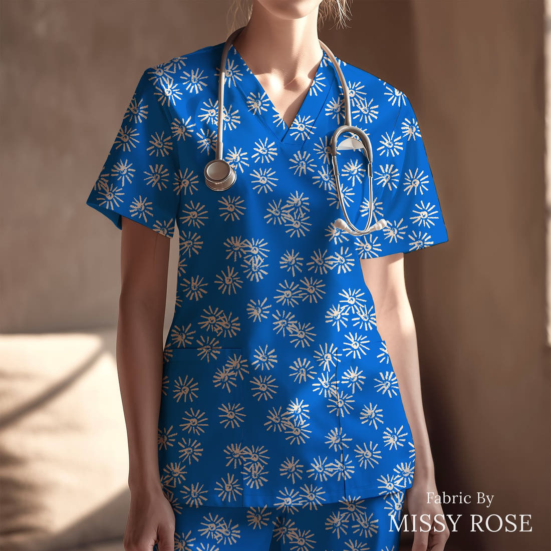 Laura Hamzic 18 sewn into a scrubs top - see how the print looks made up | Fabric by Missy Rose