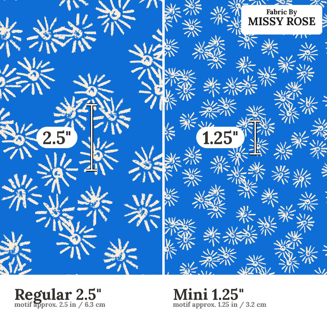 Laura Hamzic 18 Regular 2.5 inch vs Mini 1.25 inch print scale side by side | Fabric by Missy Rose