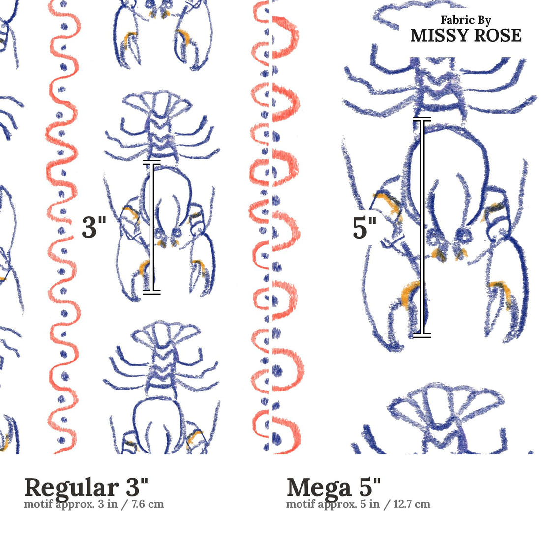 Laura Hamzic 20 Regular 3 inch vs Mega 5 inch print scale side by side | Fabric by Missy Rose