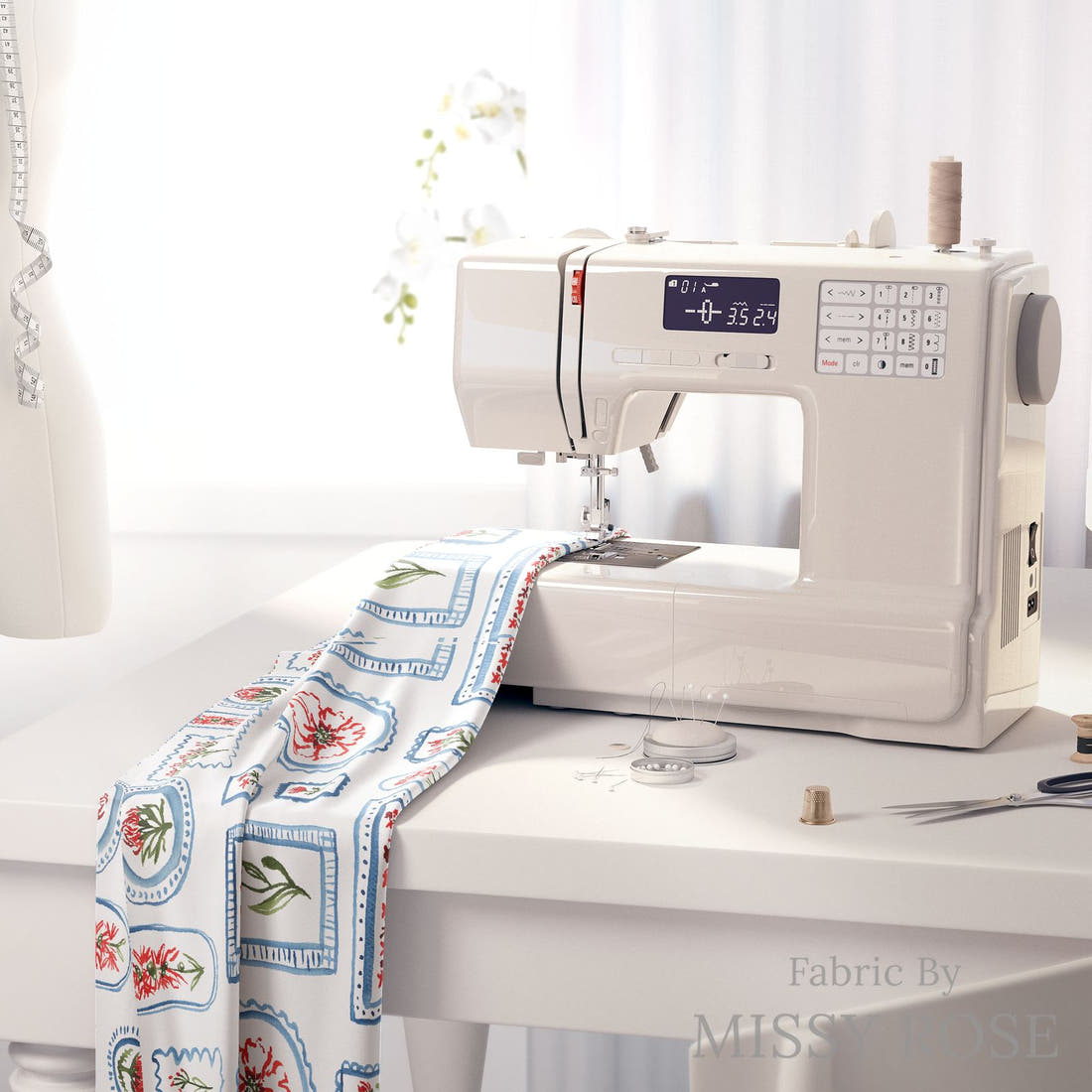 Laura Hamzic 21 on a sewing machine - premium fabric for sewing projects | Fabric by Missy Rose