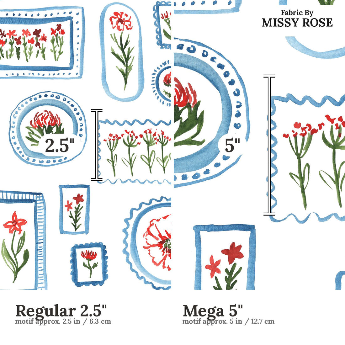 Laura Hamzic 21 Regular 2.5 inch vs Mega 5 inch print scale side by side | Fabric by Missy Rose