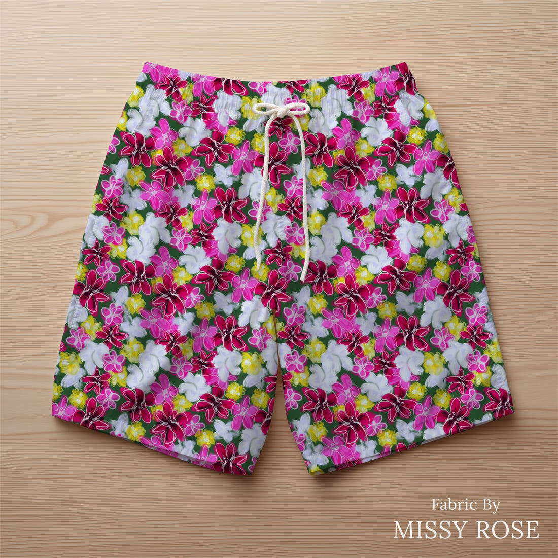 Laura Hamzic 22 sewn into swim shorts - see how the print looks made up | Fabric by Missy Rose