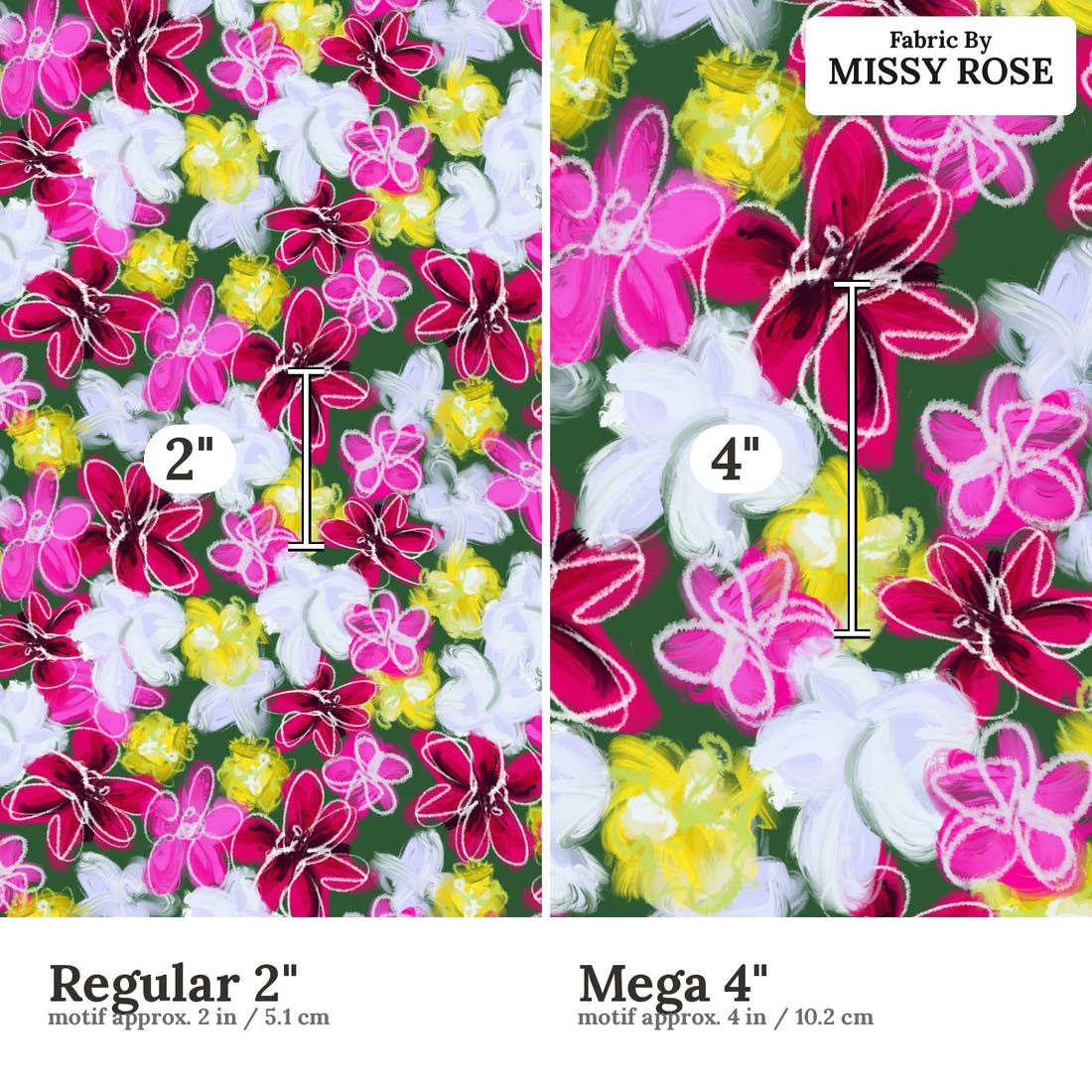 Laura Hamzic 22 Regular 2 inch vs Mega 4 inch print scale side by side | Fabric by Missy Rose