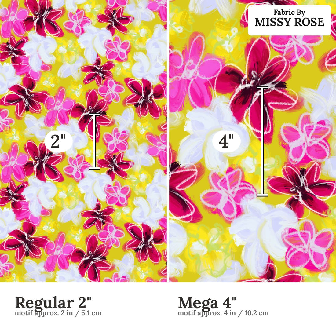 Laura Hamzic 23 Regular 2 inch vs Mega 4 inch print scale side by side | Fabric by Missy Rose