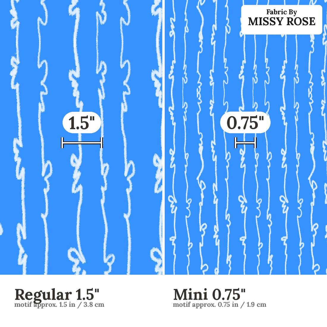 Laura Hamzic 24 Regular 1.5 inch vs Mini 0.75 inch print scale side by side | Fabric by Missy Rose