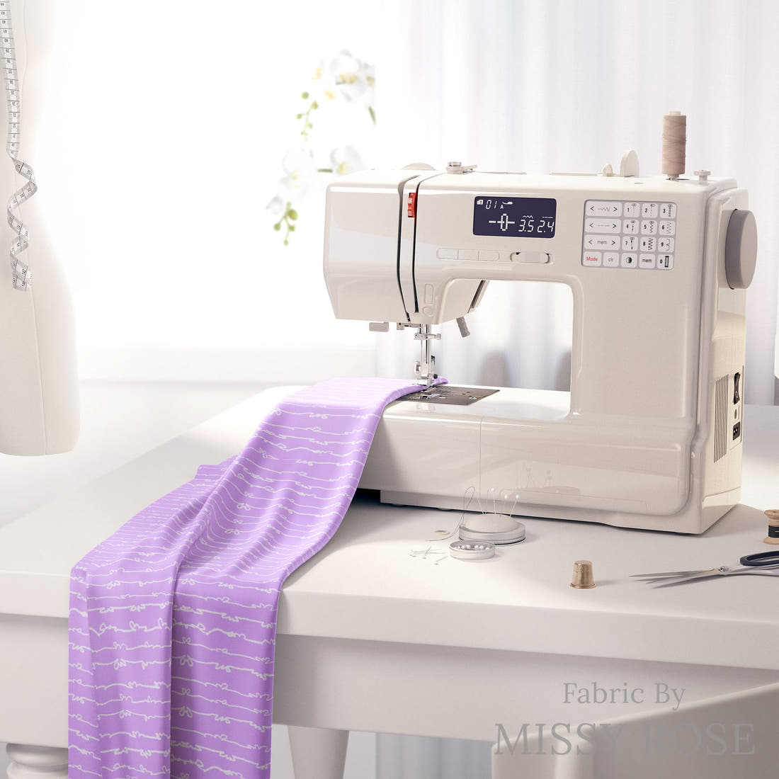 Laura Hamzic 25 on a sewing machine - premium fabric for sewing projects | Fabric by Missy Rose