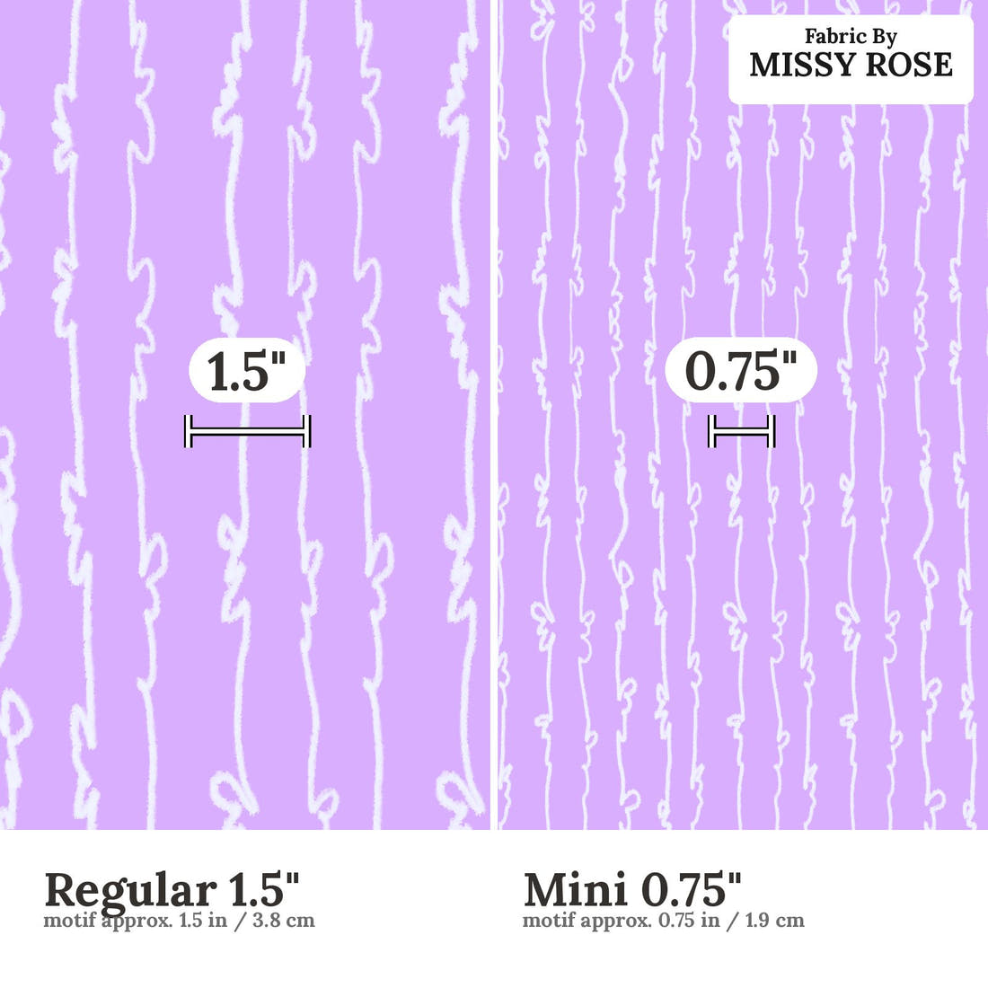 Laura Hamzic 25 Regular 1.5 inch vs Mini 0.75 inch print scale side by side | Fabric by Missy Rose