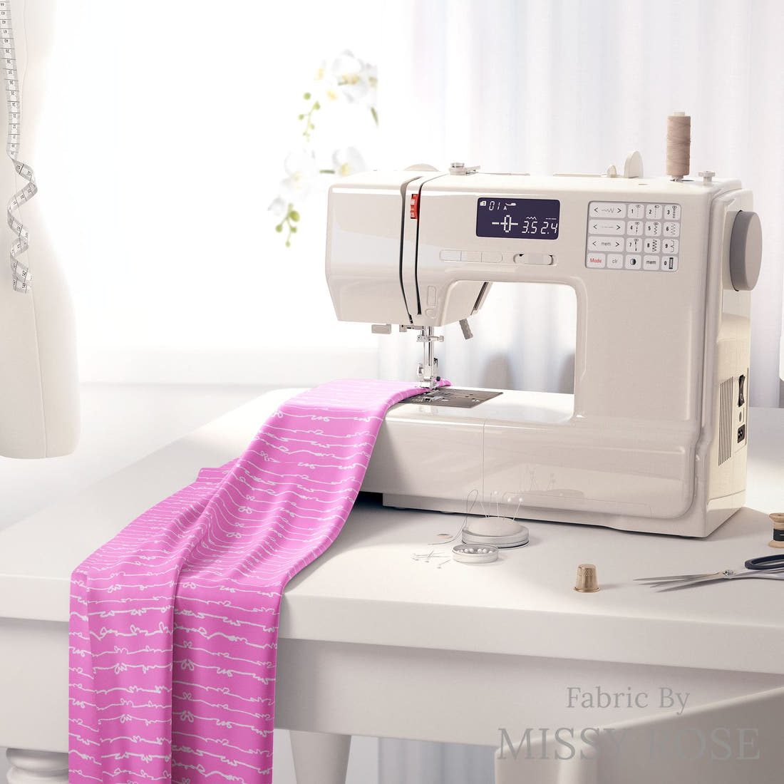 Laura Hamzic 26 on a sewing machine - premium fabric for sewing projects | Fabric by Missy Rose