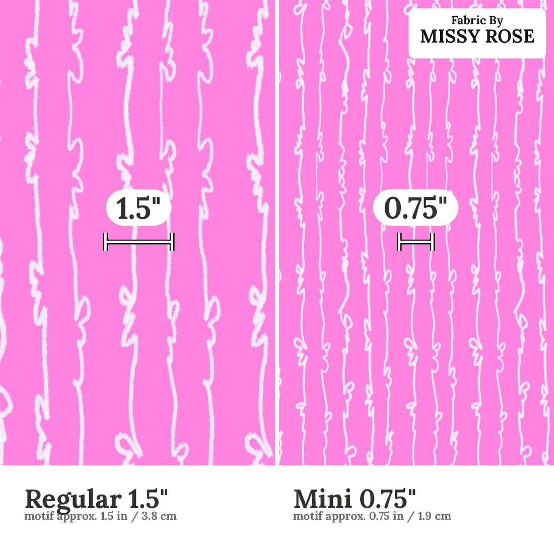 Laura Hamzic 26 Regular 1.5 inch vs Mini 0.75 inch print scale side by side | Fabric by Missy Rose
