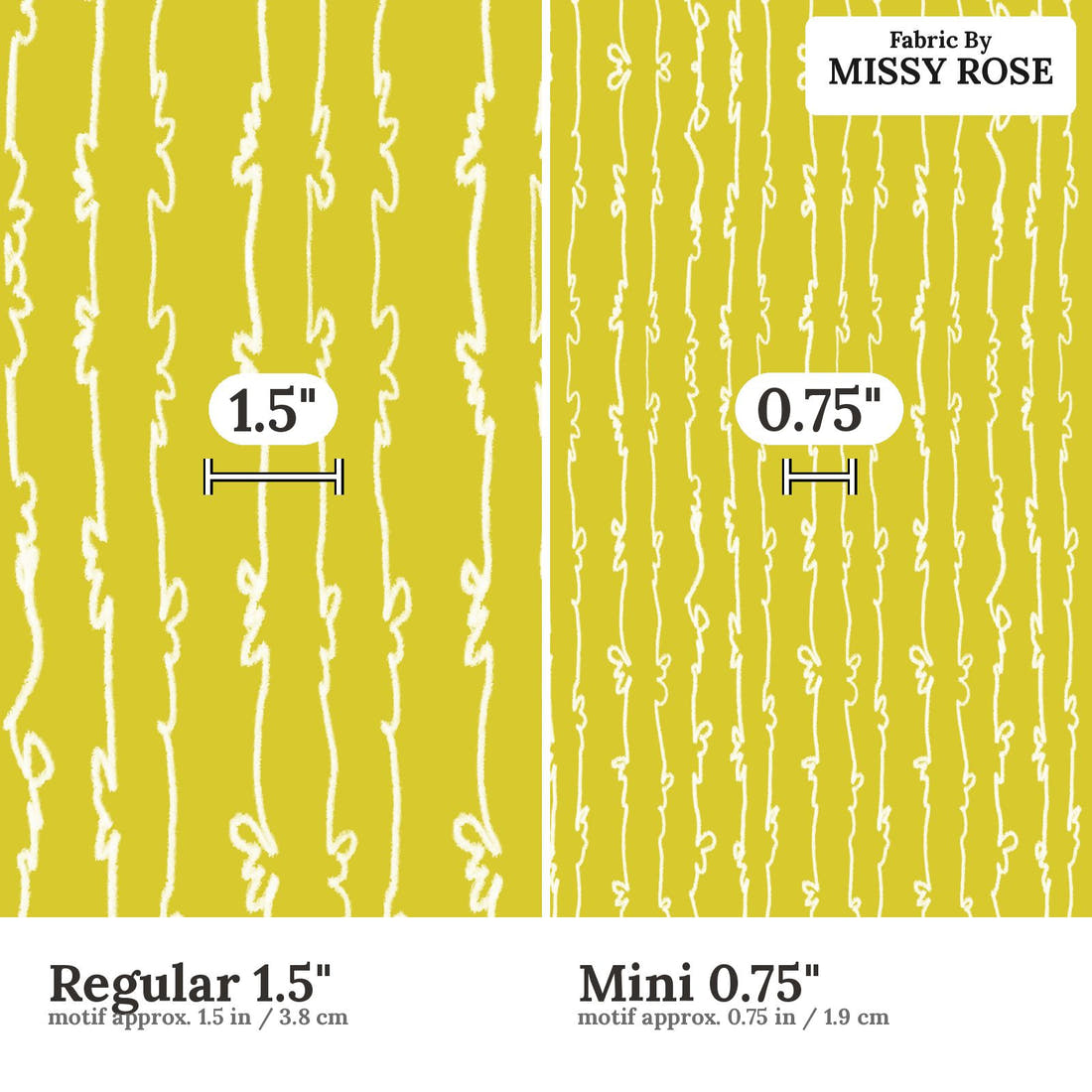 Laura Hamzic 27 Regular 1.5 inch vs Mini 0.75 inch print scale side by side | Fabric by Missy Rose