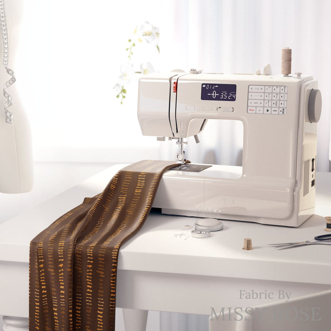 Laura Hamzic 33 on a sewing machine - premium fabric for sewing projects | Fabric by Missy Rose