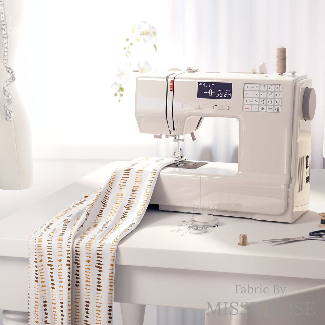 Laura Hamzic 34 on a sewing machine - premium fabric for sewing projects | Fabric by Missy Rose