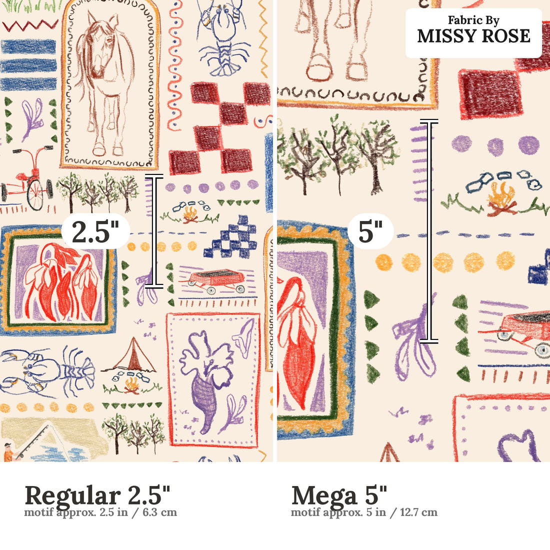 Laura Hamzic 37 Regular 2.5 inch vs Mega 5 inch print scale side by side | Fabric by Missy Rose
