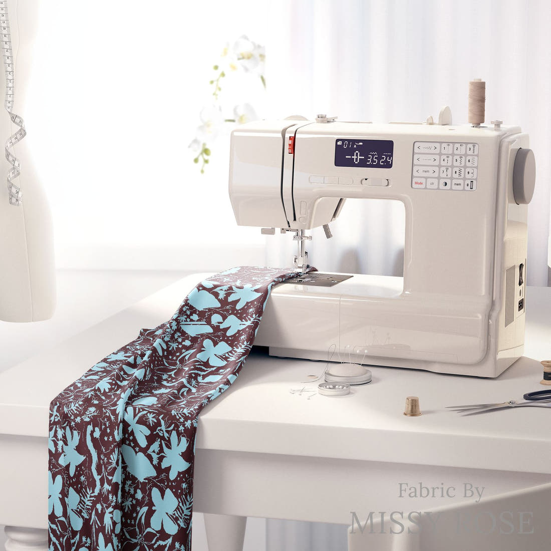 Laura Hamzic 38 on a sewing machine - premium fabric for sewing projects | Fabric by Missy Rose
