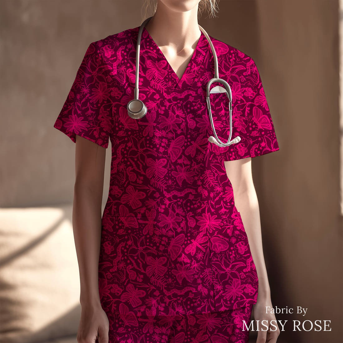 Laura Hamzic 39 sewn into a scrubs top - see how the print looks made up | Fabric by Missy Rose