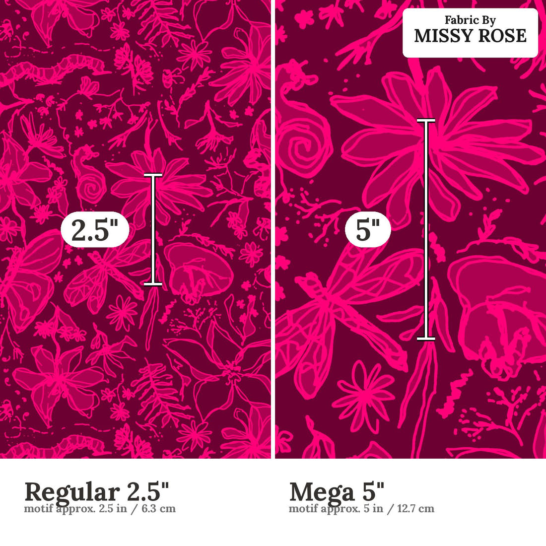 Laura Hamzic 39 Regular 2.5 inch vs Mega 5 inch print scale side by side | Fabric by Missy Rose