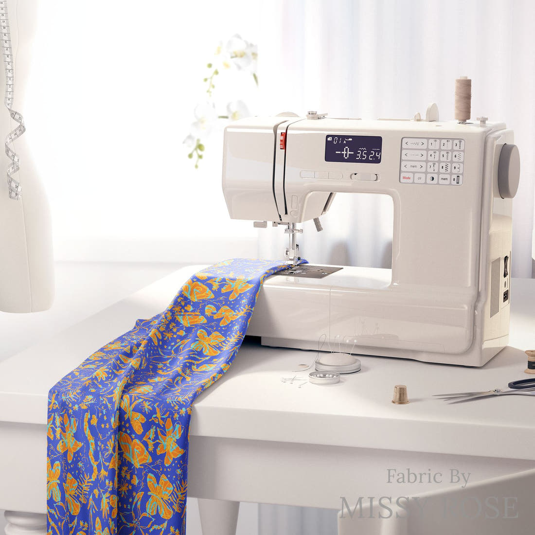 Laura Hamzic 40 on a sewing machine - premium fabric for sewing projects | Fabric by Missy Rose