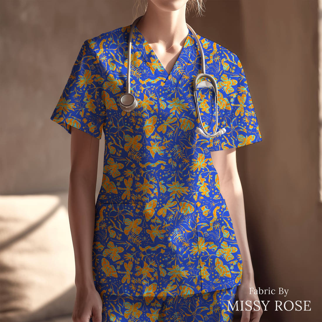 Laura Hamzic 40 sewn into a scrubs top - see how the print looks made up | Fabric by Missy Rose